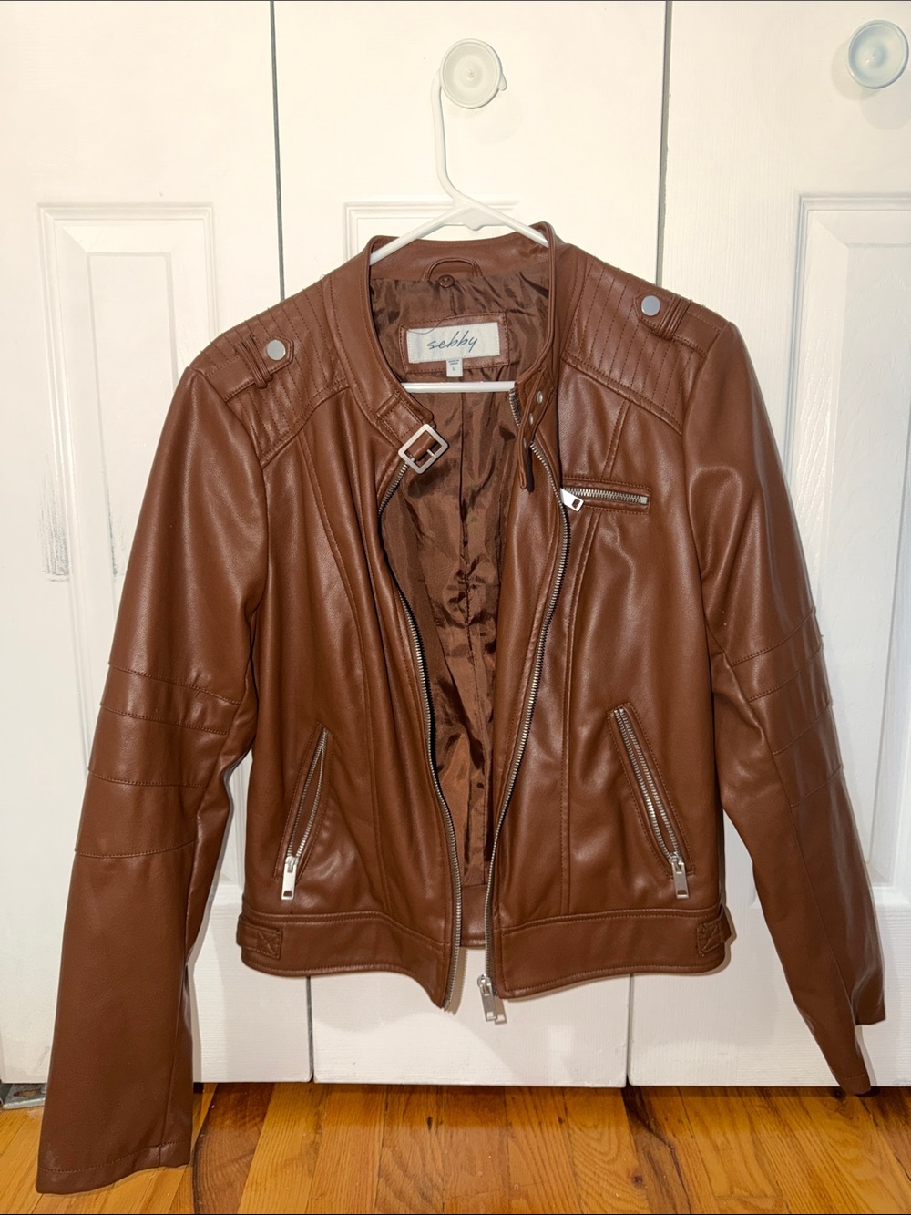 Sebby Chestnut Brown Faux Leather Moto Jacket